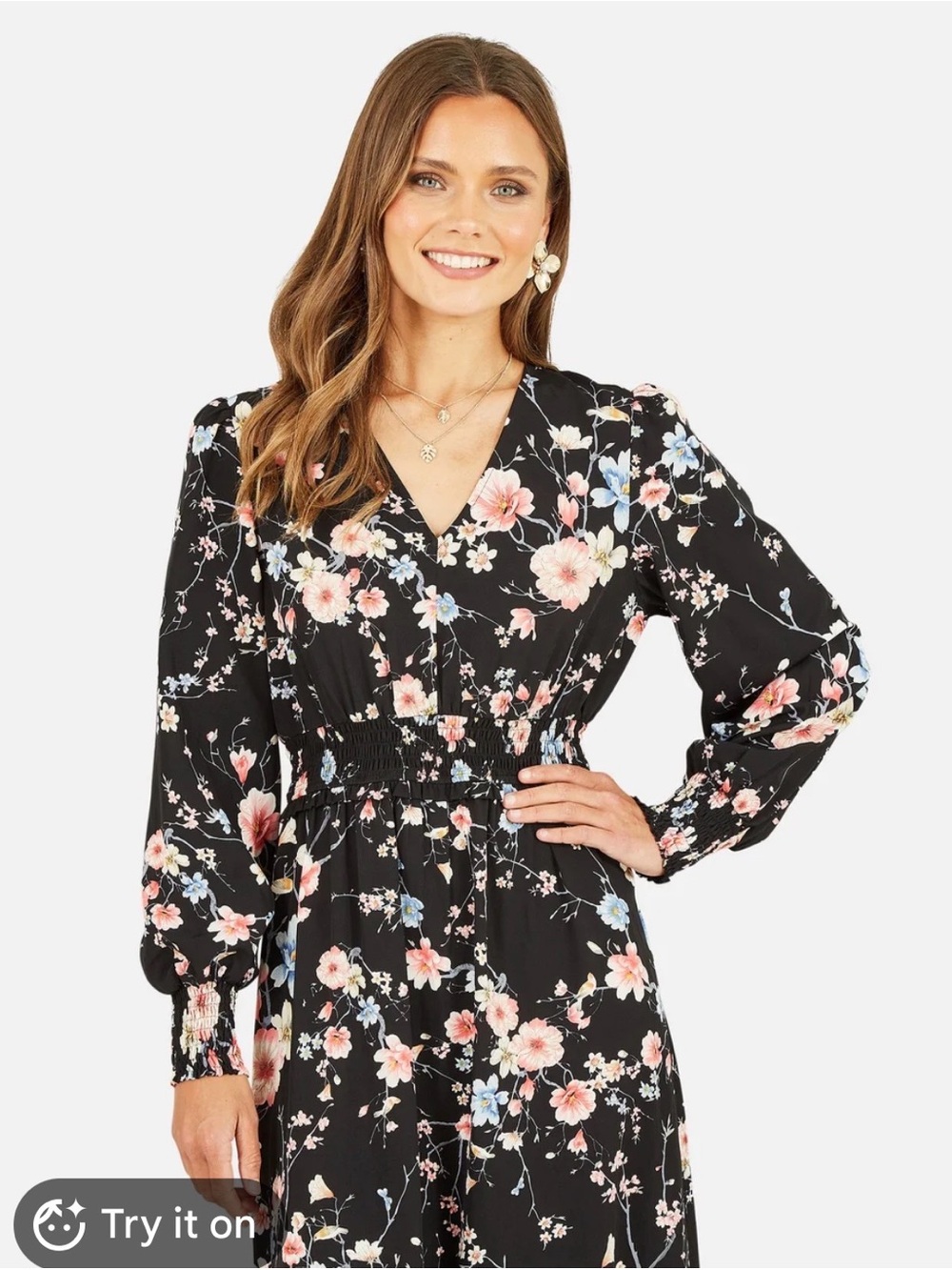Miss Me Black Floral Long Sleeve 
Tie-Waist Dress
 Pink & Blue Blooms
Size small